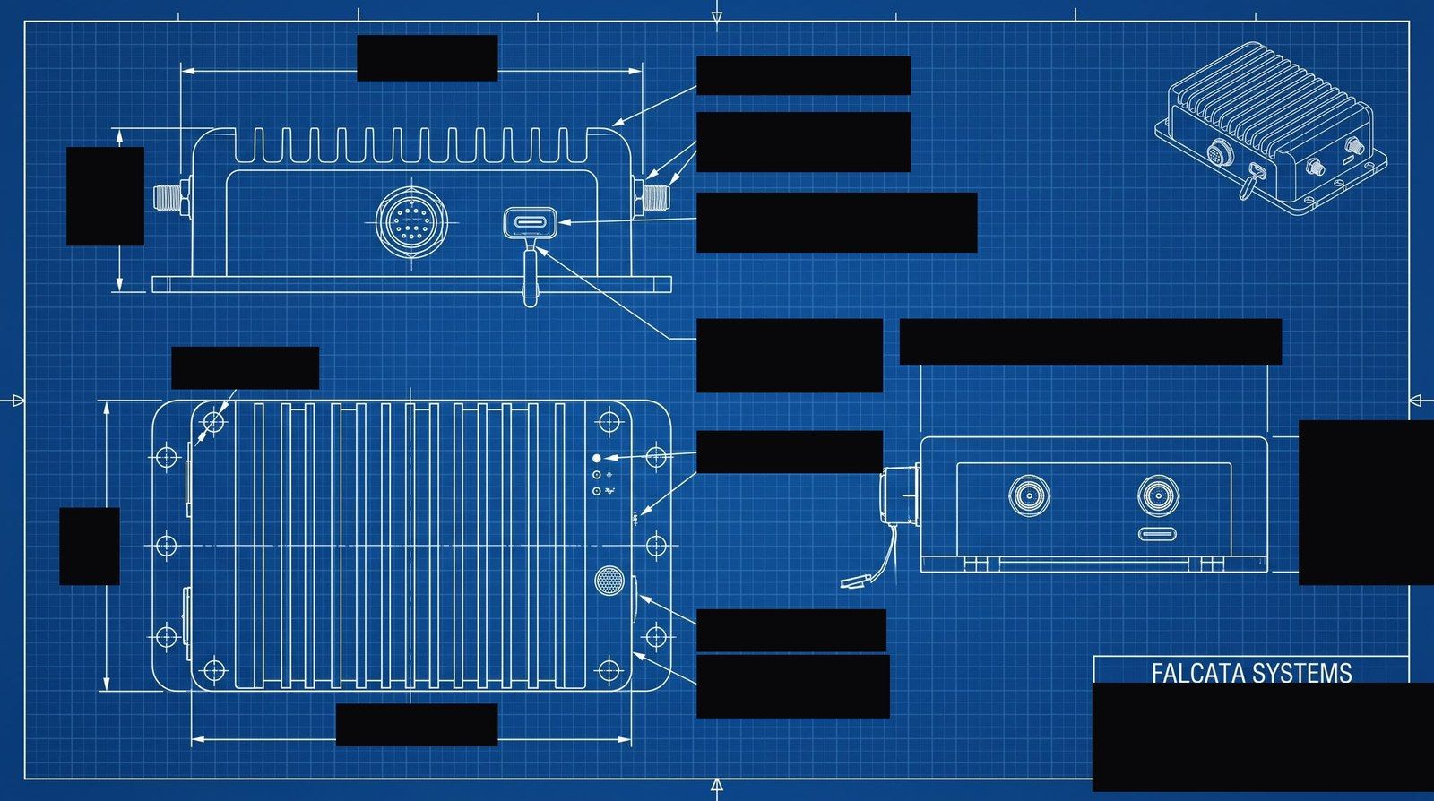 Technical blueprint drawing of the FMM-L module, with dimensions and connector details redacted.